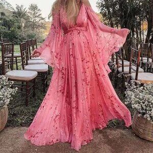 V-neck floral pink maxi dress for pregnant women plus size swing dress